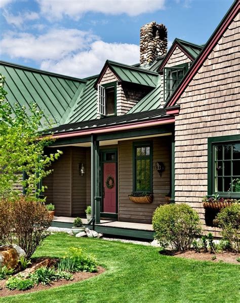 green metal roof brown house|farmhouse with green metal roof.